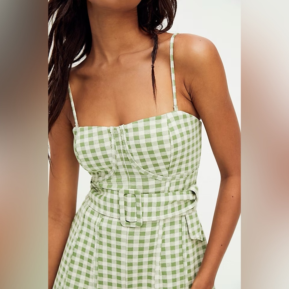 Free People Gingham Green Wide Leg jumpsuit